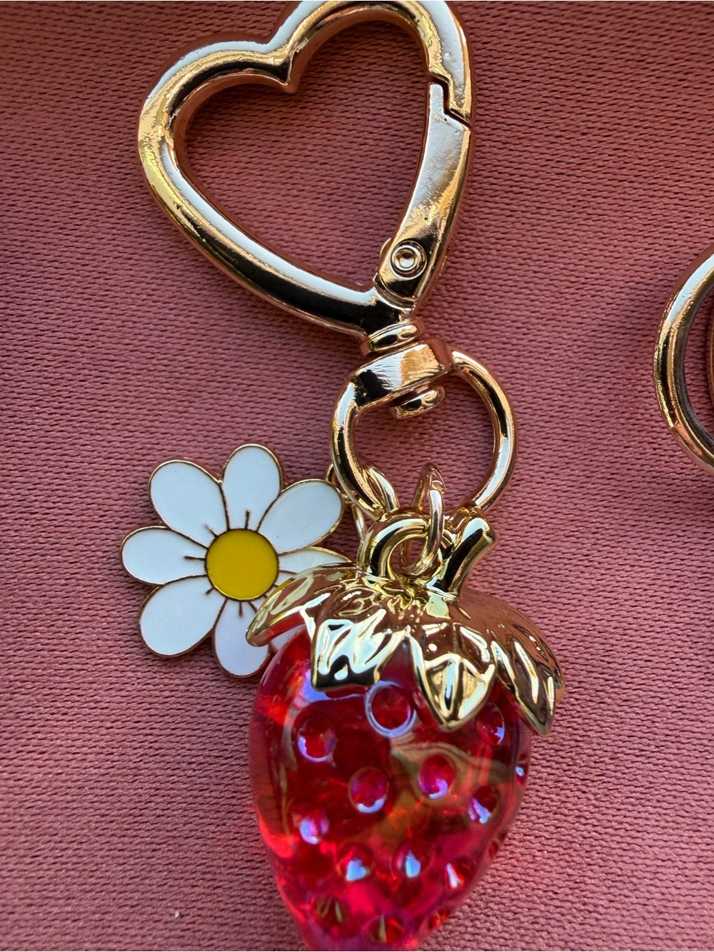 Gold Heart Keyring with Red Strawberry Charm & White Daisy Accent